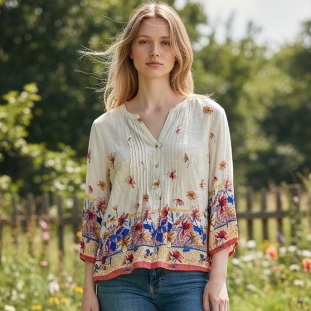 Figueroa & Flower Linen Blend Floral‎ Pintuck Blouse Boho Peasant Cottagecore M